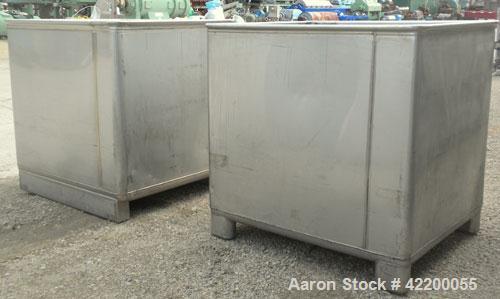 Used Custom Powder Systems Open Top Rolled Lip Bin, 49.4 cubic feet, 304L stainless steel. 42’’ wide x 48’’ long x 48’’ deep. Mounted on stainless steel legs.
