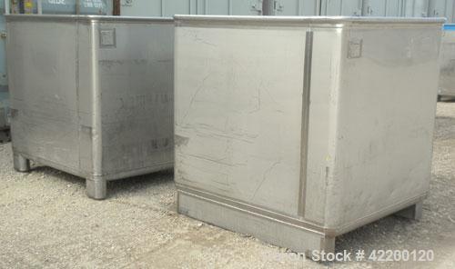 Used Custom Powder Systems Open Top Rolled Lip Bin, 49.4 cubic feet, 304L stainless steel. 42’’ wide x 48’’ long x 48’’ deep. Mounted on stainless steel legs.