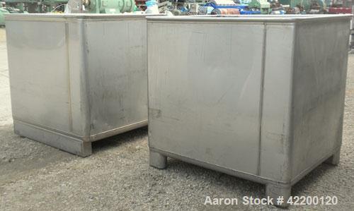 Used Custom Powder Systems Open Top Rolled Lip Bin, 49.4 cubic feet, 304L stainless steel. 42’’ wide x 48’’ long x 48’’ deep. Mounted on stainless steel legs.