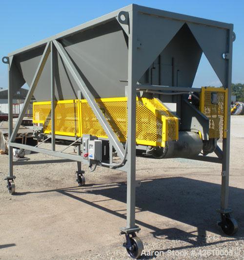 Used Front End Loading Hopper/Feeder, approximate 10 ton storage capacity, approximate 150 cubic feet, carbon steel. Coned top hopper 160'' long x 62'' wide x 56'' deep. Bottom discharge rubber belt,...