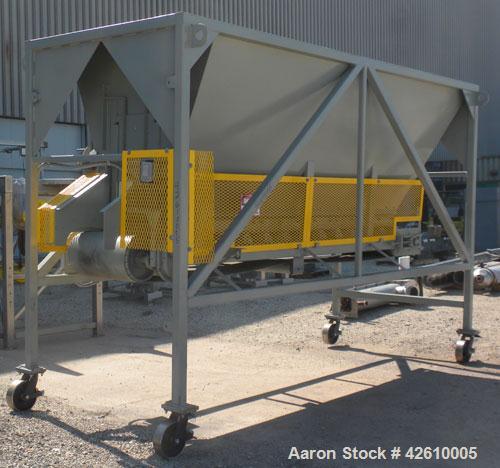 Used Front End Loading Hopper/Feeder, approximate 10 ton storage capacity, approximate 150 cubic feet, carbon steel. Coned top hopper 160'' long x 62'' wide x 56'' deep. Bottom discharge rubber belt,...