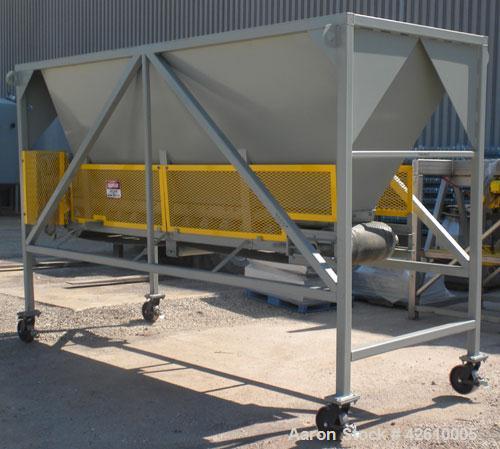 Used Front End Loading Hopper/Feeder, approximate 10 ton storage capacity, approximate 150 cubic feet, carbon steel. Coned top hopper 160'' long x 62'' wide x 56'' deep. Bottom discharge rubber belt,...