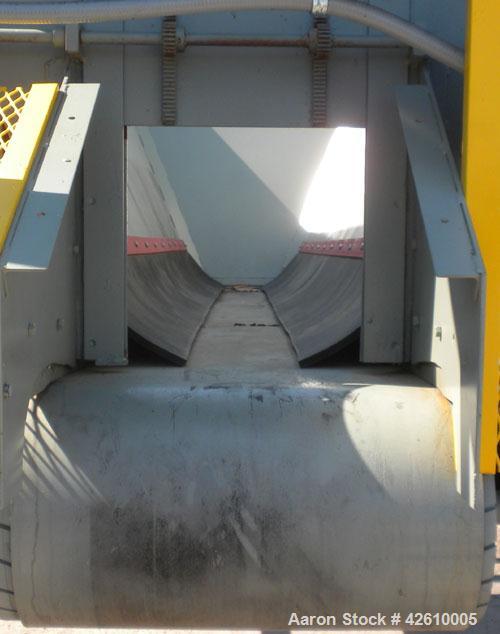 Used Front End Loading Hopper/Feeder, approximate 10 ton storage capacity, approximate 150 cubic feet, carbon steel. Coned top hopper 160'' long x 62'' wide x 56'' deep. Bottom discharge rubber belt,...