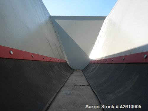 Used Front End Loading Hopper/Feeder, approximate 10 ton storage capacity, approximate 150 cubic feet, carbon steel. Coned top hopper 160'' long x 62'' wide x 56'' deep. Bottom discharge rubber belt,...