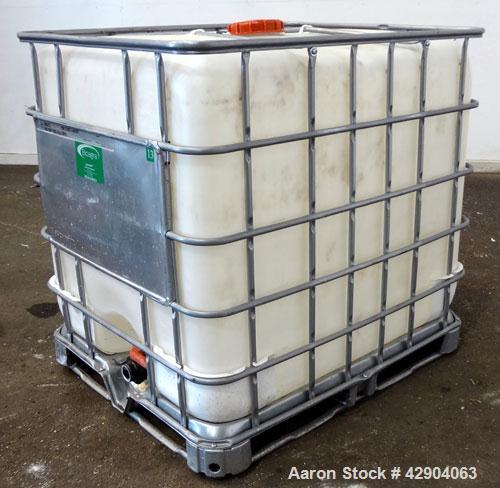 Used Lot Of (54) Schutz Ecobulk IBC Tote Bin, 275 Gallon (37 Cubic Feet), Polyethylene Construction. Approximate 44” long x 36” wide x 38” deep. Top opening, side bottom outlet. Includes a metal fram...