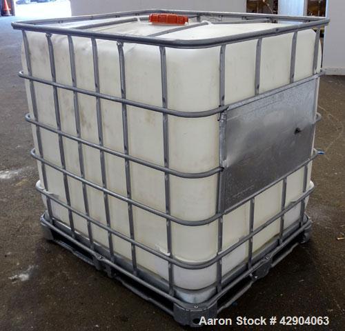Used Lot Of (54) Schutz Ecobulk IBC Tote Bin, 275 Gallon (37 Cubic Feet), Polyethylene Construction. Approximate 44” long x 36” wide x 38” deep. Top opening, side bottom outlet. Includes a metal fram...