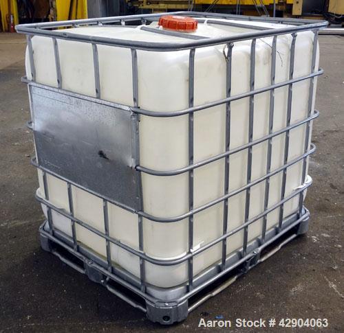 Used Lot Of (54) Schutz Ecobulk IBC Tote Bin, 275 Gallon (37 Cubic Feet), Polyethylene Construction. Approximate 44” long x 36” wide x 38” deep. Top opening, side bottom outlet. Includes a metal fram...