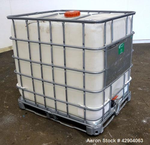 Used Lot Of (54) Schutz Ecobulk IBC Tote Bin, 275 Gallon (37 Cubic Feet), Polyethylene Construction. Approximate 44” long x 36” wide x 38” deep. Top opening, side bottom outlet. Includes a metal fram...