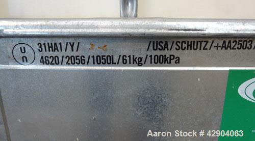 Used Lot Of (54) Schutz Ecobulk IBC Tote Bin, 275 Gallon (37 Cubic Feet), Polyethylene Construction. Approximate 44” long x 36” wide x 38” deep. Top opening, side bottom outlet. Includes a metal fram...