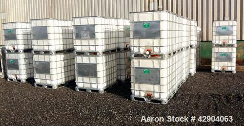Used Lot Of (54) Schutz Ecobulk IBC Tote Bin, 275 Gallon (37 Cubic Feet), Polyethylene Construction. Approximate 44” long x 36” wide x 38” deep. Top opening, side bottom outlet. Includes a metal fram...
