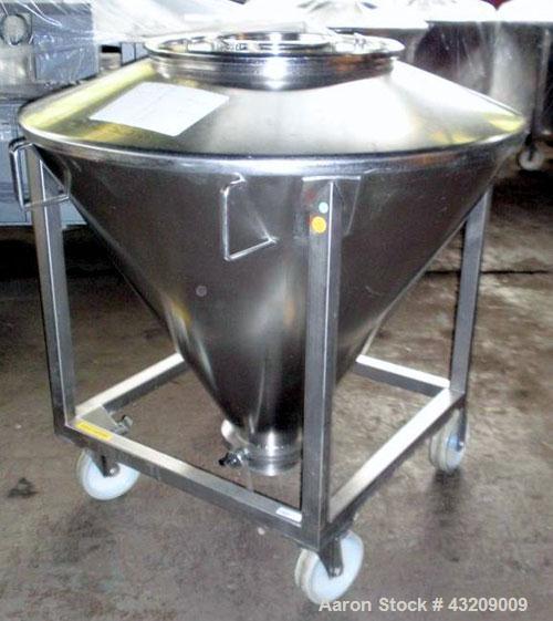 Used Tote Bin, approximately 350 liters (12.3 cubic feet), stainless steel. Approximately 48" diameter x 36’' deep cone with 9" diameter bottom discharge with valve. 24" and 12" top ports with covers...