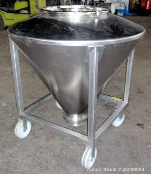 Used Tote Bin, approximately 350 liters (12.3 cubic feet), stainless steel. Approximately 48" diameter x 36’' deep cone with 9" diameter bottom discharge with valve. 24" and 12" top ports with covers...