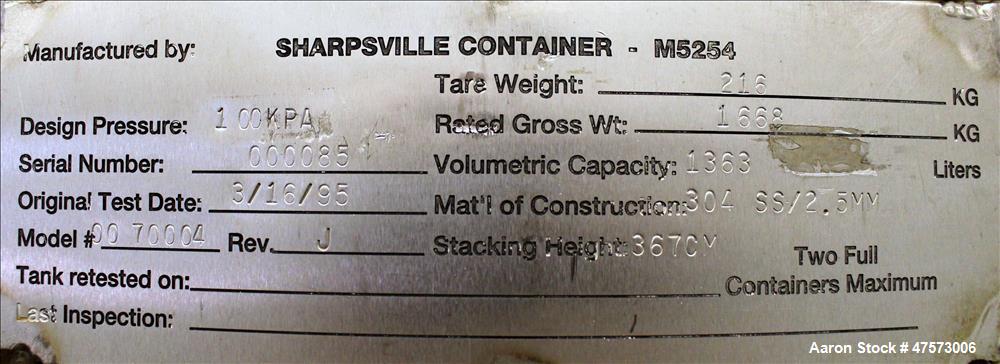 Sharpsville Container Liquid Tote, 48 Cubic Feet (360 Gallon), 304 Stainless Ste