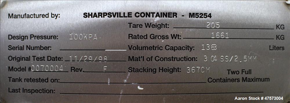 Used- Sharpsville Container Liquid Tote, 48 Cubic Feet (360 Gallon), 304 Stainle