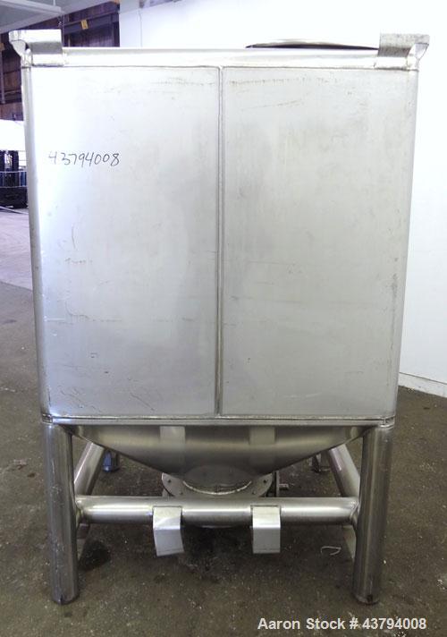 Used Custom Metalcraft TransStore Transportable Powder Tote, Approximate 60 Cubic Feet (448 gallon), Model 512697, 316L Stainless Steel. 48" Long x 42 wide x 44" straight side x coned bottom, flat to...