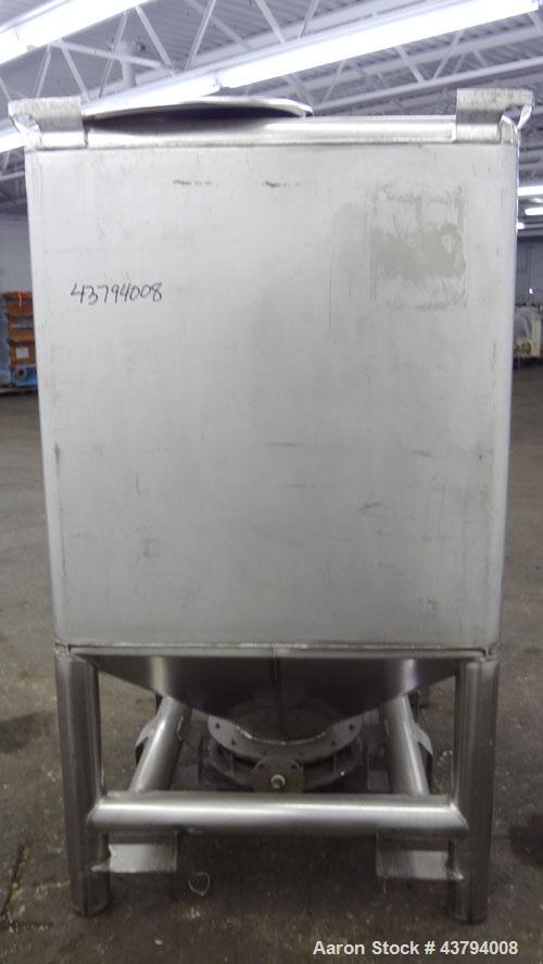 Used Custom Metalcraft TransStore Transportable Powder Tote, Approximate 60 Cubic Feet (448 gallon), Model 512697, 316L Stainless Steel. 48" Long x 42 wide x 44" straight side x coned bottom, flat to...