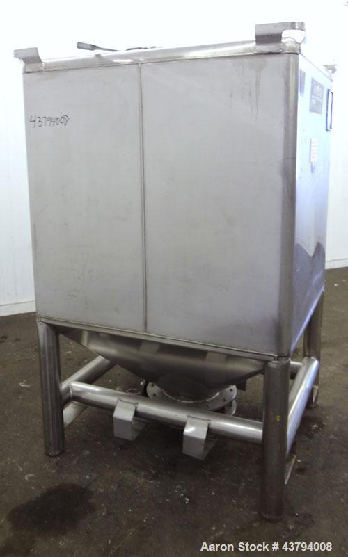 Used Custom Metalcraft TransStore Transportable Powder Tote, Approximate 60 Cubic Feet (448 gallon), Model 512697, 316L Stainless Steel. 48" Long x 42 wide x 44" straight side x coned bottom, flat to...