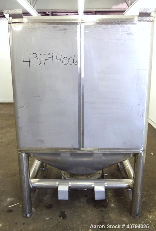 Used Custom Metalcraft TransStore Transportable Powder Tote, Approximate 60 Cubic Feet (448 gallon), Model 512697, 316L Stainless Steel. 48” Long x 42’ wide x 44” straight side x coned bottom, flat t...