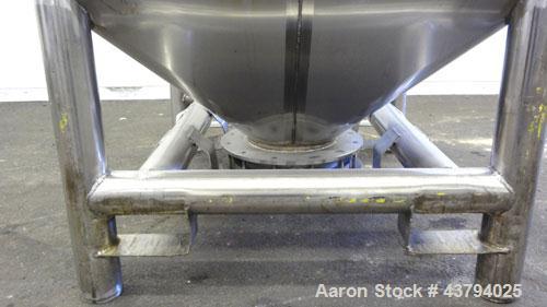 Used Custom Metalcraft TransStore Transportable Powder Tote, Approximate 60 Cubic Feet (448 gallon), Model 512697, 316L Stainless Steel. 48” Long x 42’ wide x 44” straight side x coned bottom, flat t...