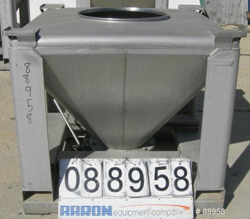 USED: Tote Systems tote bin, 23 cubic feet, 304 stainless steel. 48" wide x 48" long x 3" straight side x 36" coned bottom. 22" top opening, no cover. 12" center bottom outlet with manual valve. Moun...