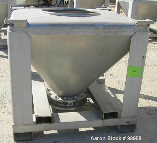 USED: Tote Systems tote bin, 23 cubic feet, 304 stainless steel. 48" wide x 48" long x 3" straight side x 36" coned bottom. 22" top opening, no cover. 12" center bottom outlet with manual valve. Moun...