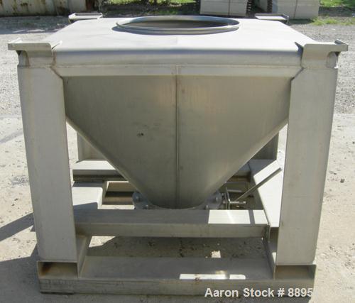 USED: Tote Systems tote bin, 23 cubic feet, 304 stainless steel. 48" wide x 48" long x 3" straight side x 36" coned bottom. 22" top opening, no cover. 12" center bottom outlet with manual valve. Moun...