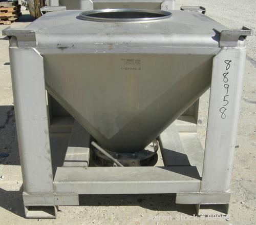 USED: Tote Systems tote bin, 23 cubic feet, 304 stainless steel. 48" wide x 48" long x 3" straight side x 36" coned bottom. 22" top opening, no cover. 12" center bottom outlet with manual valve. Moun...