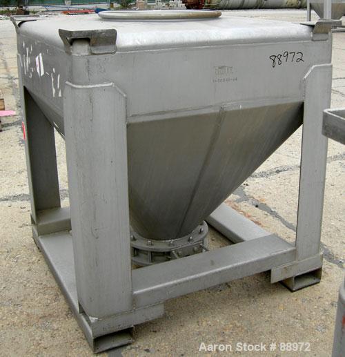 USED: Tote Systems tote bin, 35 cubic feet, 304 stainless steel. 48" wide x 48" long x 12" straight side x 36" coned bottom. 22" top opening with cover, 12" center bottom outlet with manual valve. Mo...