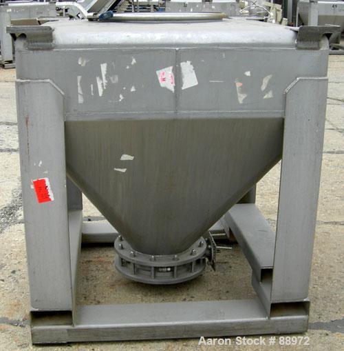 USED: Tote Systems tote bin, 35 cubic feet, 304 stainless steel. 48" wide x 48" long x 12" straight side x 36" coned bottom. 22" top opening with cover, 12" center bottom outlet with manual valve. Mo...