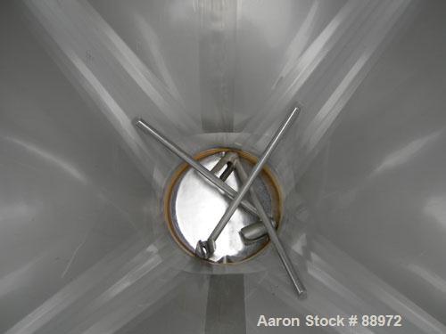 USED: Tote Systems tote bin, 35 cubic feet, 304 stainless steel. 48" wide x 48" long x 12" straight side x 36" coned bottom. 22" top opening with cover, 12" center bottom outlet with manual valve. Mo...
