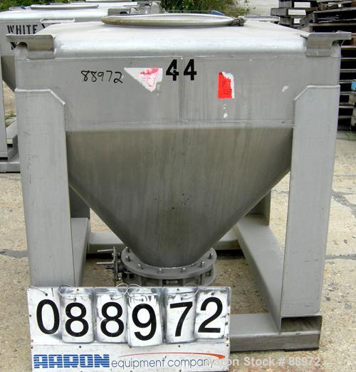 USED: Tote Systems tote bin, 35 cubic feet, 304 stainless steel. 48" wide x 48" long x 12" straight side x 36" coned bottom. 22" top opening with cover, 12" center bottom outlet with manual valve. Mo...