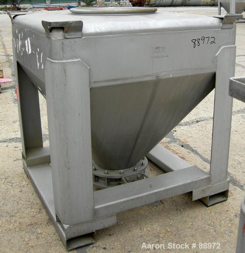 USED: Tote Systems tote bin, 35 cubic feet, 304 stainless steel. 48" wide x 48" long x 12" straight side x 36" coned bottom. 22" top opening with cover, 12" center bottom outlet with manual valve. Mo...