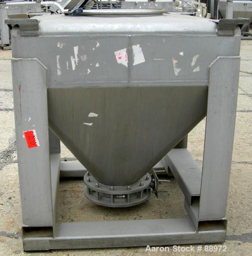 USED: Tote Systems tote bin, 35 cubic feet, 304 stainless steel. 48" wide x 48" long x 12" straight side x 36" coned bottom. 22" top opening with cover, 12" center bottom outlet with manual valve. Mo...