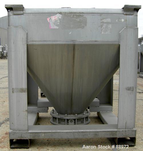 USED: Tote Systems tote bin, 35 cubic feet, 304 stainless steel. 48" wide x 48" long x 12" straight side x 36" coned bottom. 22" top opening with cover, 12" center bottom outlet with manual valve. Mo...