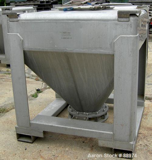 USED: Tote Systems tote bin, 35 cubic feet, 304 stainless steel. 48" wide x 48" long x 12" straight side x 36" coned bottom. 22" top opening with cover, 12" center bottom outlet with manual valve. Mo...