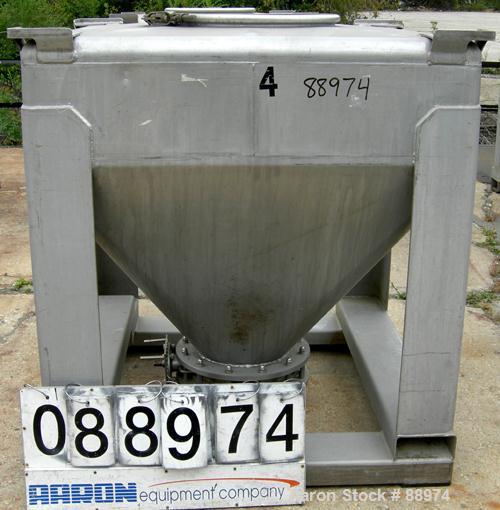 USED: Tote Systems tote bin, 35 cubic feet, 304 stainless steel. 48" wide x 48" long x 12" straight side x 36" coned bottom. 22" top opening with cover, 12" center bottom outlet with manual valve. Mo...