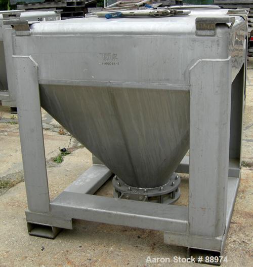 USED: Tote Systems tote bin, 35 cubic feet, 304 stainless steel. 48" wide x 48" long x 12" straight side x 36" coned bottom. 22" top opening with cover, 12" center bottom outlet with manual valve. Mo...
