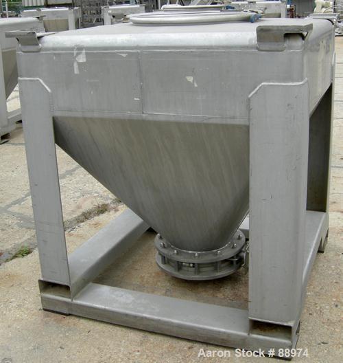 USED: Tote Systems tote bin, 35 cubic feet, 304 stainless steel. 48" wide x 48" long x 12" straight side x 36" coned bottom. 22" top opening with cover, 12" center bottom outlet with manual valve. Mo...