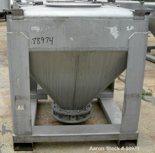 USED: Tote Systems tote bin, 35 cubic feet, 304 stainless steel. 48" wide x 48" long x 12" straight side x 36" coned bottom. 22" top opening with cover, 12" center bottom outlet with manual valve. Mo...