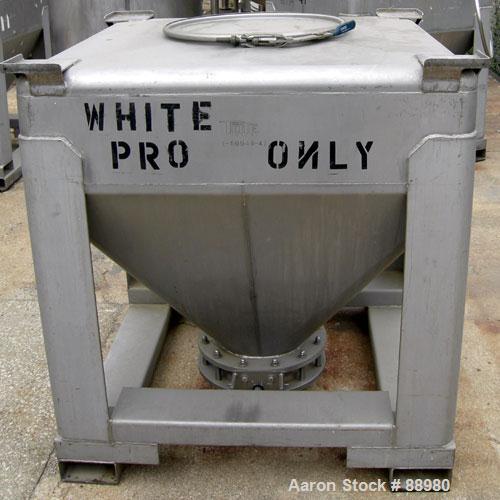 USED: Tote Systems tote bin, 35 cubic feet, 304 stainless steel. 48" wide x 48" long x 12" straight side x 36" coned bottom. 22" top opening with cover, 12" center bottom outlet with manual valve. Mo...