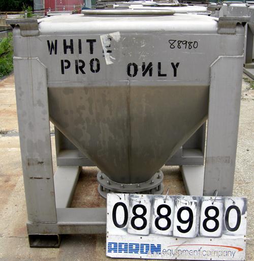 USED: Tote Systems tote bin, 35 cubic feet, 304 stainless steel. 48" wide x 48" long x 12" straight side x 36" coned bottom. 22" top opening with cover, 12" center bottom outlet with manual valve. Mo...