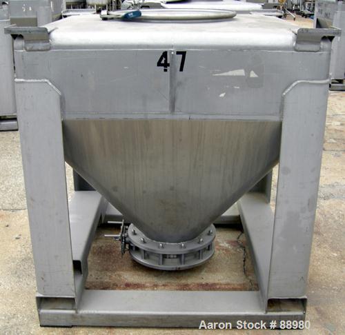 USED: Tote Systems tote bin, 35 cubic feet, 304 stainless steel. 48" wide x 48" long x 12" straight side x 36" coned bottom. 22" top opening with cover, 12" center bottom outlet with manual valve. Mo...