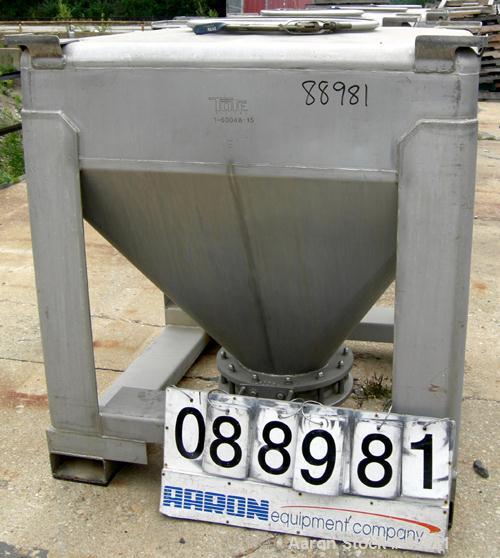 Used- Tote Systems Tote Bin, 35 Cubic Feet, 304 Stainless Steel. 48" wide x 48" long x 12" straight side x 36" coned bottom....