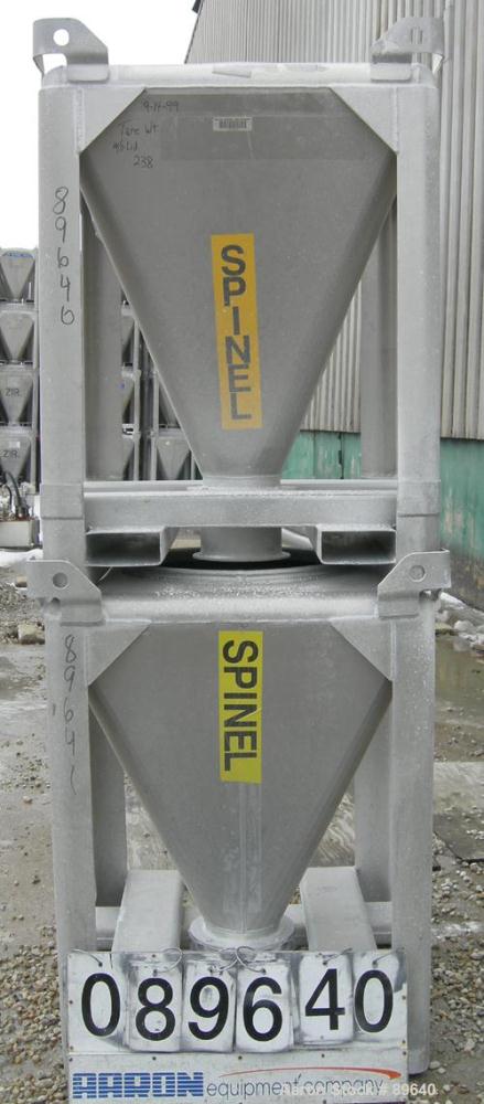 USED: Tote Systems powder tote bin, approximate 10 cubic feet, aluminum. 36" wide x 36" long x 2" straight side x 39" coned bottom. 22" diameter top opening, 8" center bottom outlet. Mounted on forkl...