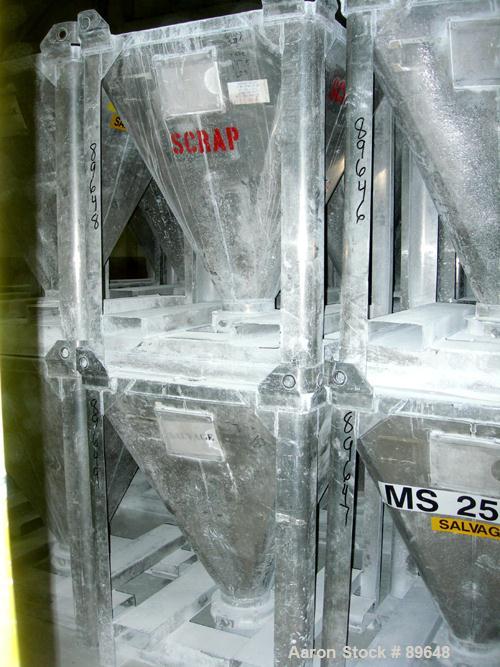 Used Tote Systems Powder Tote Bin, Approximate 10 Cubic Feet, Aluminum. 36" wide x 36" long x 2" straight side x 39" coned bottom. 22" diameter top opening, 8" center bottom outlet. Mounted on forkli...