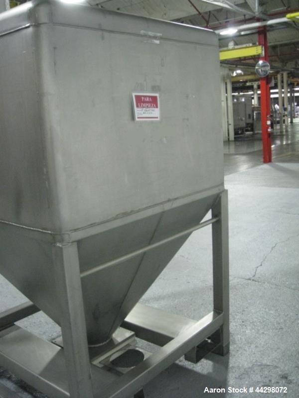 Used Transtore Tote Bin, 60 cubic feet, stainless steel construction, approximately 48" x 48" x 36" straight side x 36" cone bottom.