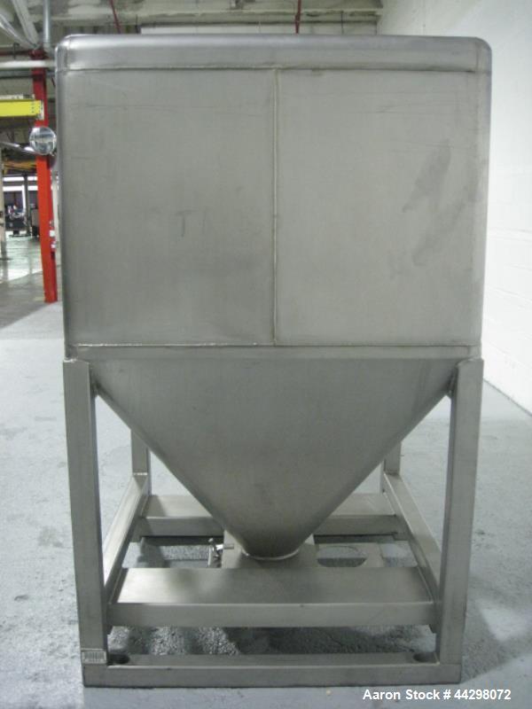 Used Transtore Tote Bin, 60 cubic feet, stainless steel construction, approximately 48" x 48" x 36" straight side x 36" cone bottom.