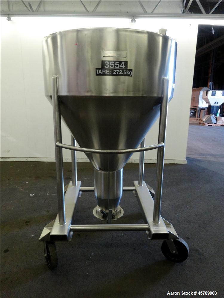 Used United Utensils Powder Tote Bin, Approximate 20 Cubic Feet, 304 Stainless Steel. Approximately 48" diameter x 17" straight side and 34" coned bottom. Flat top includes 20" opening with a plastic...