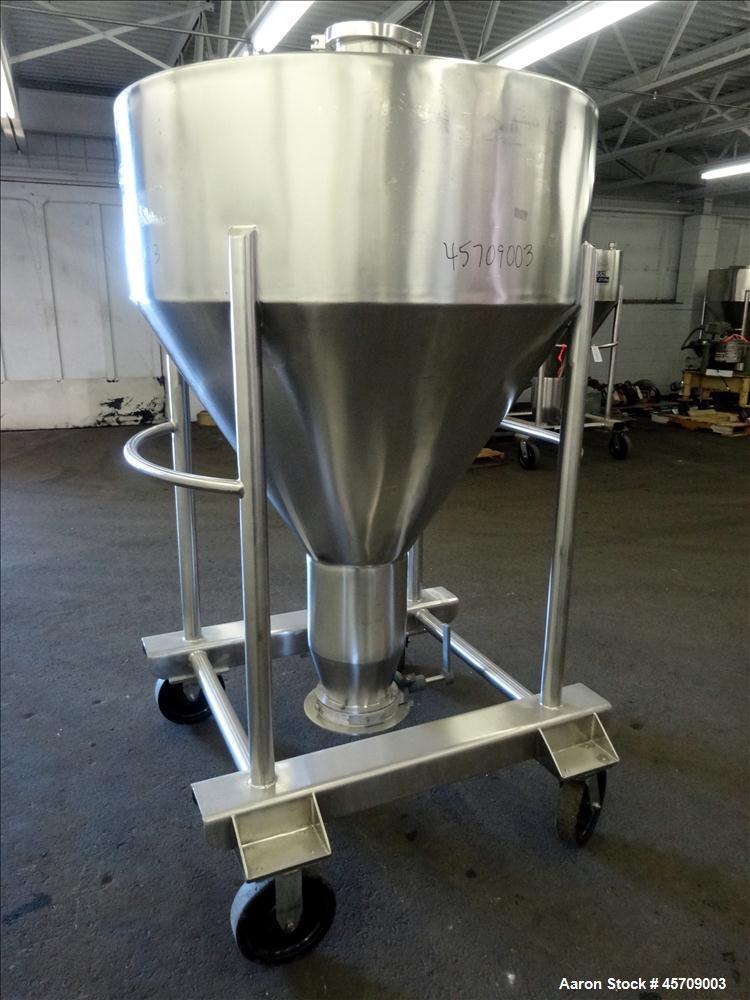 Used United Utensils Powder Tote Bin, Approximate 20 Cubic Feet, 304 Stainless Steel. Approximately 48" diameter x 17" straight side and 34" coned bottom. Flat top includes 20" opening with a plastic...