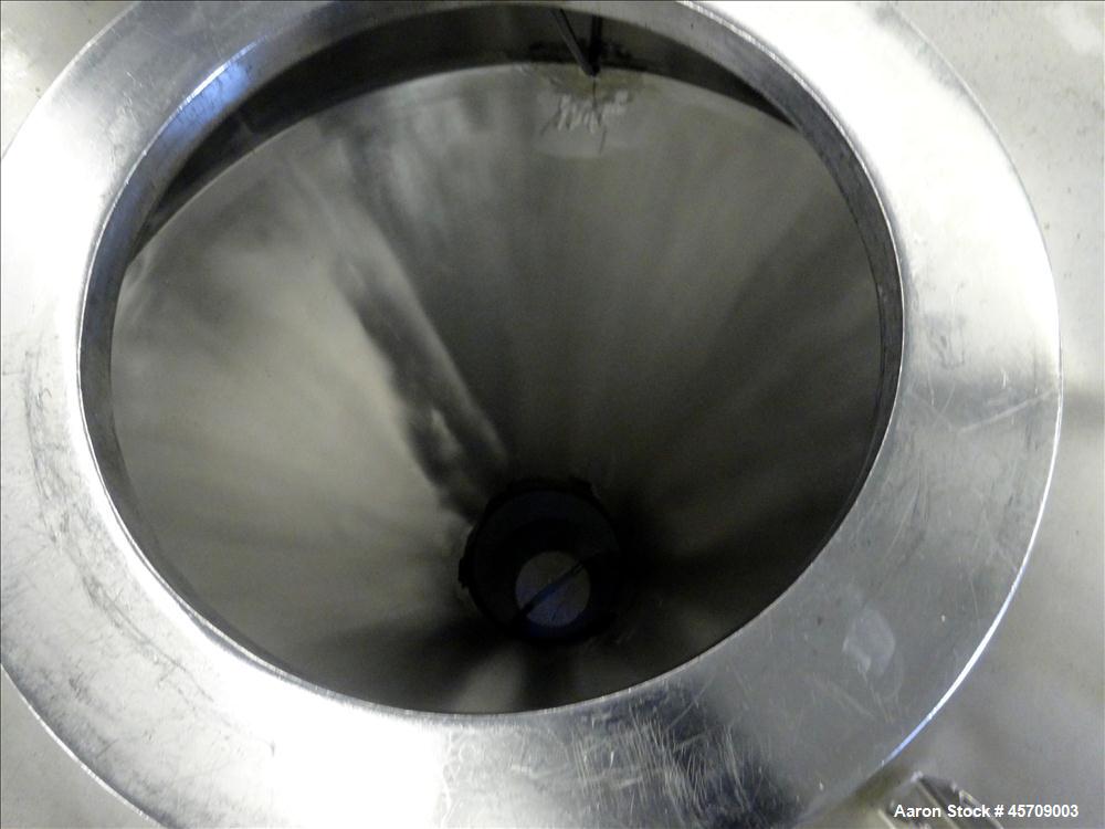 Used United Utensils Powder Tote Bin, Approximate 20 Cubic Feet, 304 Stainless Steel. Approximately 48" diameter x 17" straight side and 34" coned bottom. Flat top includes 20" opening with a plastic...